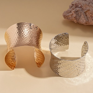 Chic woven texture wide metal open bangle in gold and silver finish for women