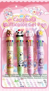 Close-up of 10-color retractable ballpoint pens with 3D cartoon animal characters