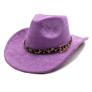 Detail of purple faux suede cowboy hat with leopard print band and gold buckle