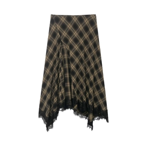 Jupe À Carreaux Pour Femmes Ourlet Asymétrique Bordure En Dentelle Noire Rétro Britannique Streetwear Sexy Punk