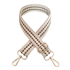 Adjustable wide woven bag strap with geometric patterns and gold metal lobster clasps