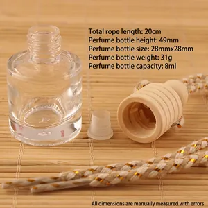 8ml square glass car perfume bottle with wooden cap and hanging rope on bamboo mat