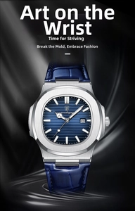 Detail of blue textured dial and silver octagonal bezel on ultra-thin business watch
