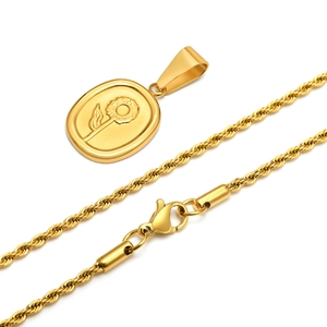 Golden stainless steel twisted rope chain necklace with sunflower relief oval pendant