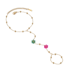 Bohemian gold stainless steel slave bracelet with green and pink beaded flowers