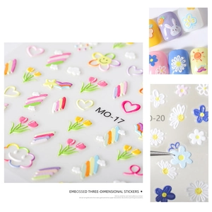 5D embossed nail art stickers with cute floral, rabbit, and rainbow designs MO-17