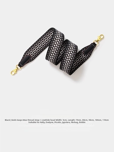 Detail of 5cm wide black woven strap with leather ends and golden buckle for handbags