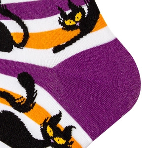 Halloween crew socks featuring purple orange stripes and black cat patterns for winter