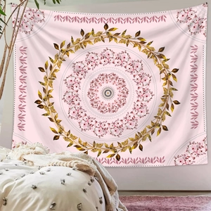 Pink mandala tapestry with flower patterns as a decorative bedroom wall hanging background