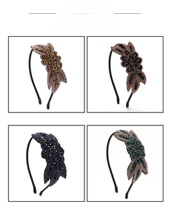 Detail view of four retro beaded headbands with rhinestones in gold, black, and green