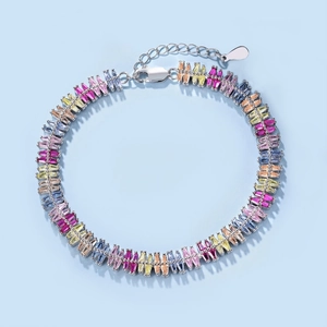 Rainbow sterling silver bracelet featuring colorful trapezoid-cut cubic zirconia stones