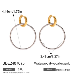 Detail view of two-tone stainless steel hoop earrings with size and weight dimensions