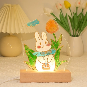 Veilleuse DIY en acrylique tulipe et lapin sur socle bois avec éclairage LED