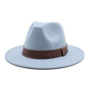 Detail of light blue wool fedora hat featuring a stylish dark brown faux leather band