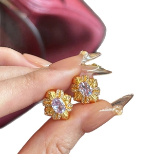 18K gold plated flower stud earrings with purple oval gemstone and zircon accents