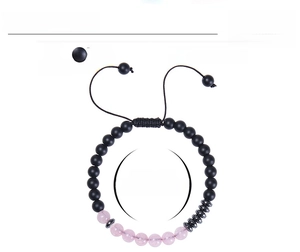 Detail of adjustable pink crystal and black matte beads bracelet with size specifications