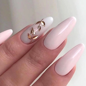 Unghie Finte A Mandorla Con Foglia D'oro Motivo Foglia Rosa Bianco Elegante Lucido Unghie Artificiali Per Donne