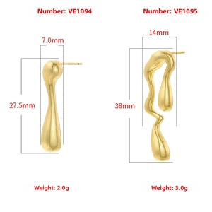 Irregular fluid drop earrings in gold finish with precise weight and size dimensions