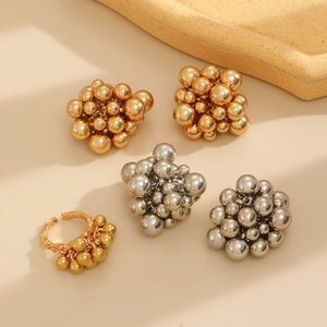 Minimalist geometric beaded stud earrings and bead ring set in gold and silver finish