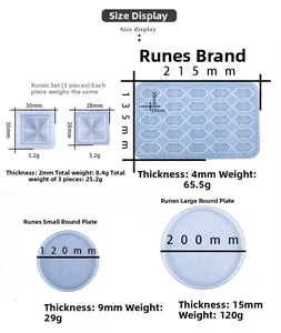 Size chart showing dimensions and weight for Rune silicone resin molds and dice sets