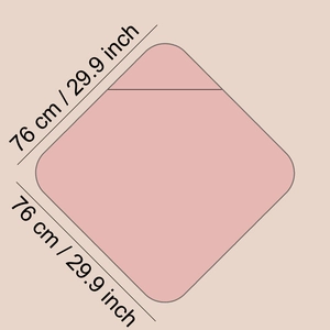 Pink muslin cotton baby hooded towel detail showing dimensions of 76 cm or 29.9 inches