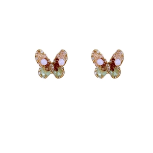 Elegant gold plated butterfly earrings with colorful zirconia crystals and white beads