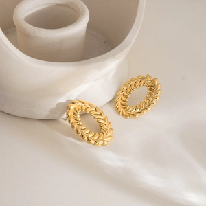 18K gold plated stainless steel leaf pattern oval hoop earrings with vintage texture