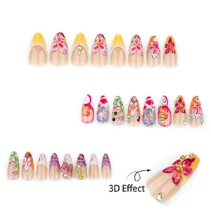 Faux ongles 3D fleurs tropicales avec papillon, strass et forme amande longue