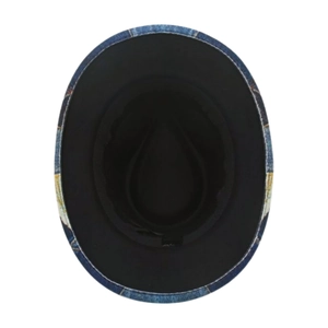 Top view of fedora hat interior showing denim texture and black sweatband detail