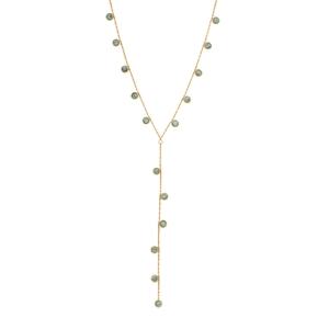 Bohemian gold Y-necklace with turquoise round pendants for women in elegant V-shape style