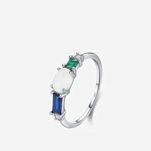 Retro 925 Sterling Silver Ring White Oval Opal Colorful Gemstone Blue Green Rhinestone Elegant Vintage Jewelry For Women