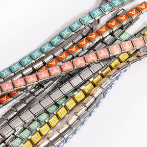 Italian modular charm bracelets in stainless steel with colorful zodiac enamel patterns