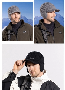 Detailed knit texture of men winter hat with ear flaps and short brim for outdoor warmth