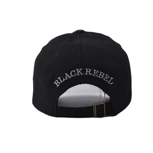 Close-up of black cotton baseball cap back with metal buckle and Black Rebel embroidery