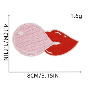Detail view of red lips blowing pink bubble embroidery patch with exact dimensions