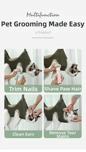 Cat grooming hammock kit showing nail trimming and hair clipping steps for pets