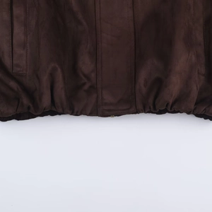 Dunkelbraune Damen Bomberjacke aus Wildlederimitat mit elastischem Saum und Rippstruktur