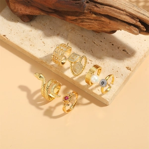 Snake Adjustable Open Ring Copper With Gold Plated Zircon ABS Artificial Pearl For Women Dainty Retro Jewelry