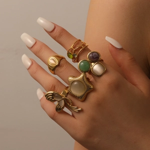 Stainless Steel Ring 18K Gold Plated Cat Eye Stone Star Butterfly Geometric Adjustable Opening Jewelry For Women