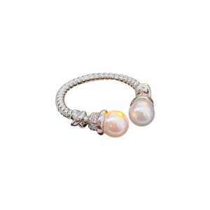 Silver twisted rope open ring with elegant white pearl and sparkling zircon stones