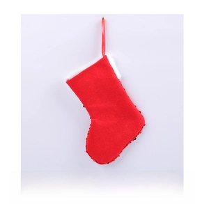 Detailed back view of a red sequin Christmas stocking with a white plush cuff
