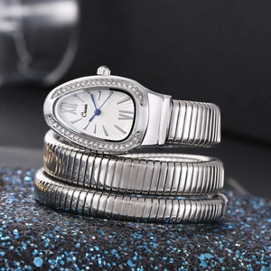 Silver snake-shaped wrap bracelet watch for women with sparkling crystal-encrusted dial