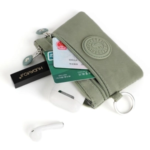 Green nylon mini coin purse with double zippers, keyring and storage for cards
