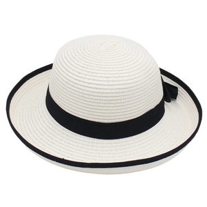 French style wide brim white straw hat with black ribbon bow and rolled edge for women
