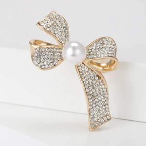 Elegant gold-tone alloy bow brooch with sparkling rhinestones and a central white pearl