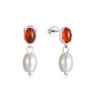 Detail of s925 silver earrings with marquise red gemstone and drop pearl pendant