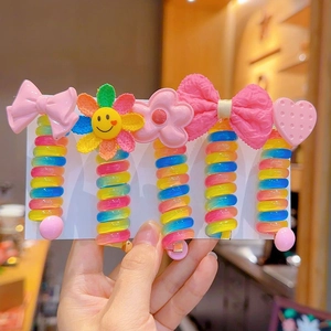 Kids Rainbow Spiral Telephone Wire Hair Ties Cartoon Flower Heart Bow Plastic Resin Elastic Hair Clips For Girls