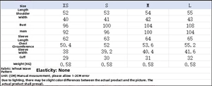 Detailed size chart for textured tweed jacket with golden buttons showing measurements in CM