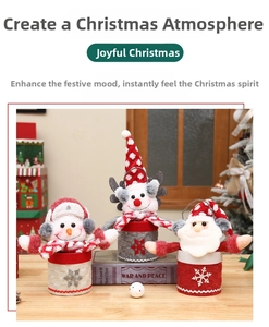 Detailed view of plush Santa, Snowman, and Reindeer Christmas candy jars set with embroidery