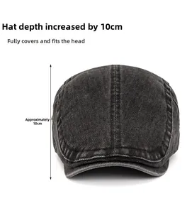 Close-up of vintage dark gray washed denim ivy cap with detailed 10cm crown stitching